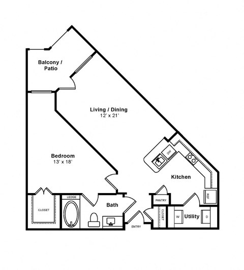 Floor plan for 1 bed, 1 bath, 829 sqft